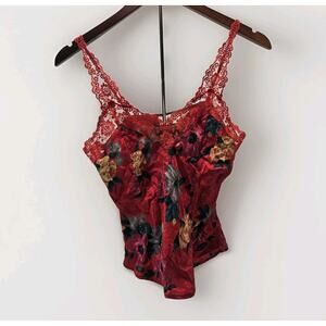 Vintage Silkscreen 100% Silk Camisole Tank Small Red Lace 90s Y2K Fairy